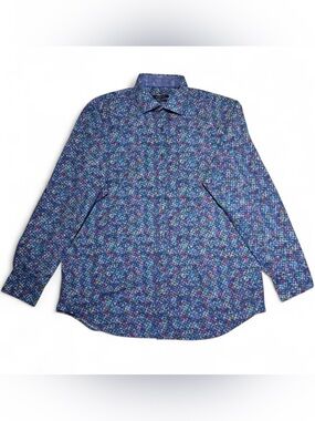 Bugatchi Uomo Classic Fit Abstract Geometric Purple Blue Cotton Button Up Shirt